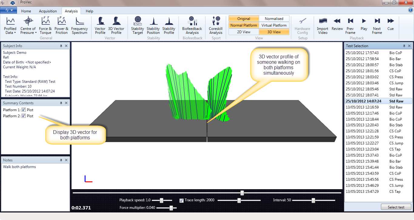 3D force vectors displayed independently on two force platforms
