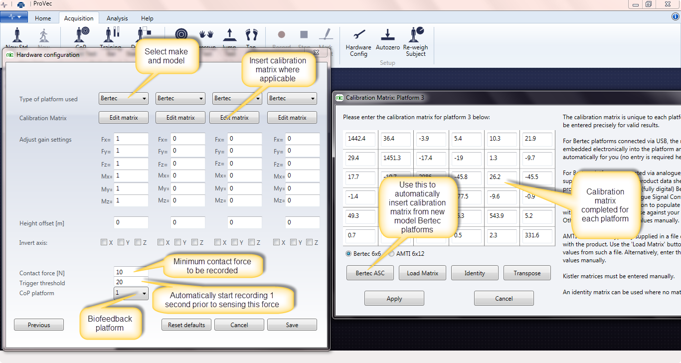 Analogue platform calibration matrix configuration