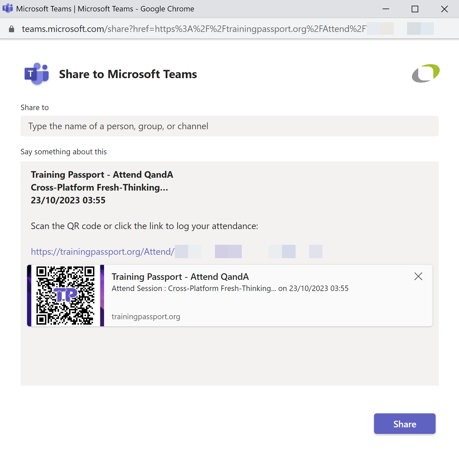 Training Passport - share session attendance link via Microsoft Teams