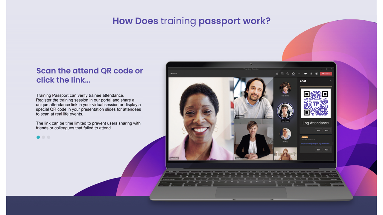 Training Passport - how it works: scan QR code or click link to verify attendance