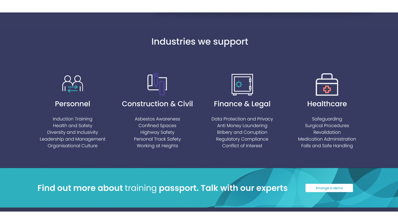 Training Passport - industries supported: personnel, construction, finance and legal, healthcare