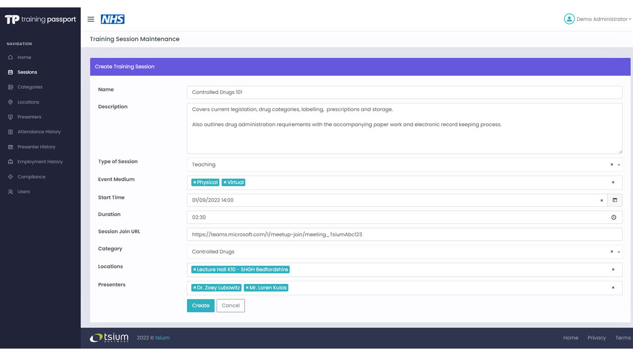 Training Passport - admin: create training session (NHS)