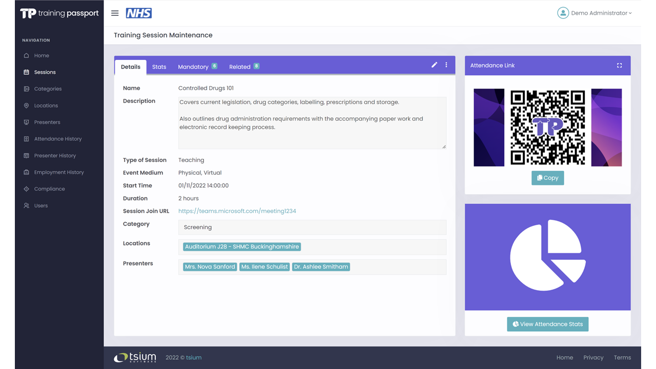Training Passport - admin: training session with QR code for attendance