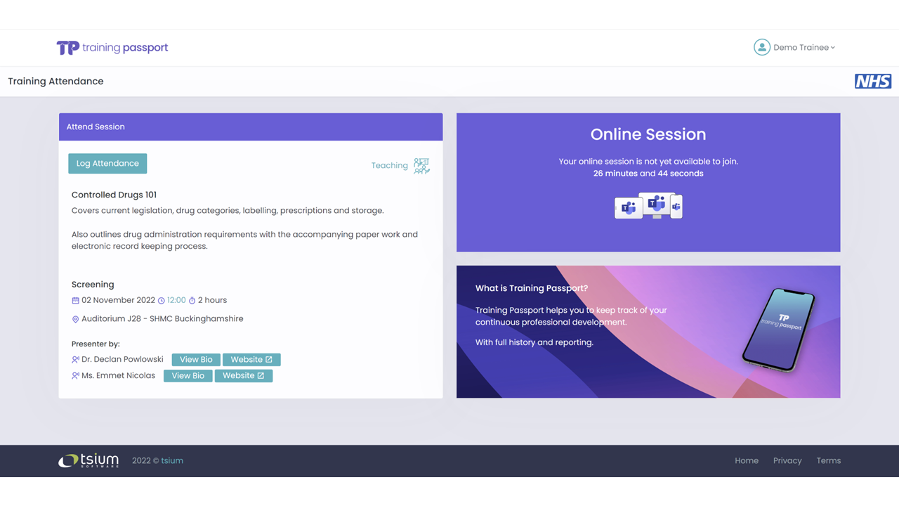 Training Passport - attendee: online session attendance page