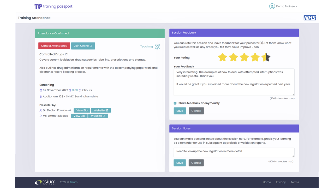 Training Passport - attendee: post-session feedback with star rating