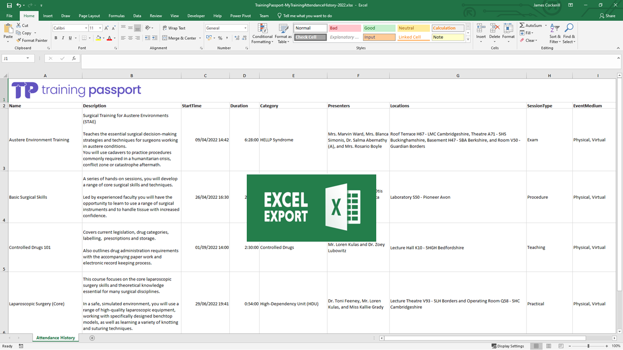 Training Passport - admin: Excel export of training records