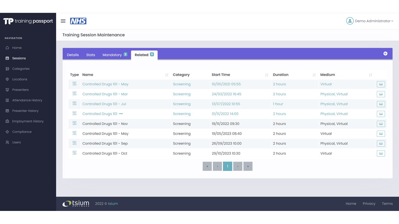 Training Passport - admin: related training sessions list